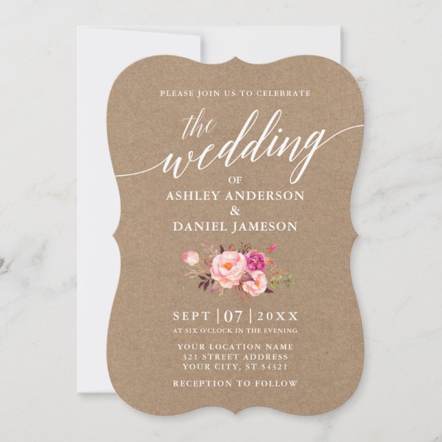 Kalligrafie Script Pink Floral Wedding Kraft Einladung (Vorderseite)