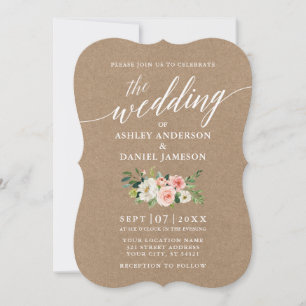 Kalligrafie Script Pink White Floral Wedding Kraft Einladung