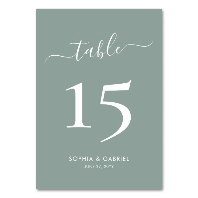 Kalligrafie Script Sage Green Double Sided Wedding Tischnummer (Vorderseite)