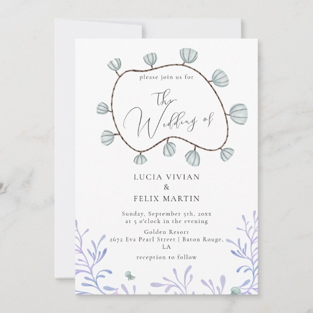 Kalligrafie Seashell & Seetang Beach Wedding Einladung (Vorderseite)