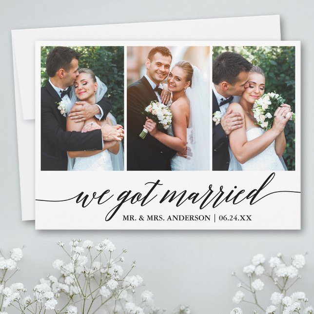 Kalligrafie-Skript Wir Got Verheiratete Hochzeitka Dankeskarte (Customize to add text or more photos to back of card.)