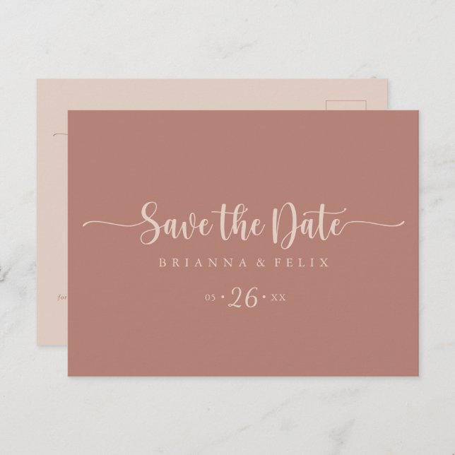 Kalligrafie Terracotta Horizontal Save the Date Postkarte (Vorne/Hinten)