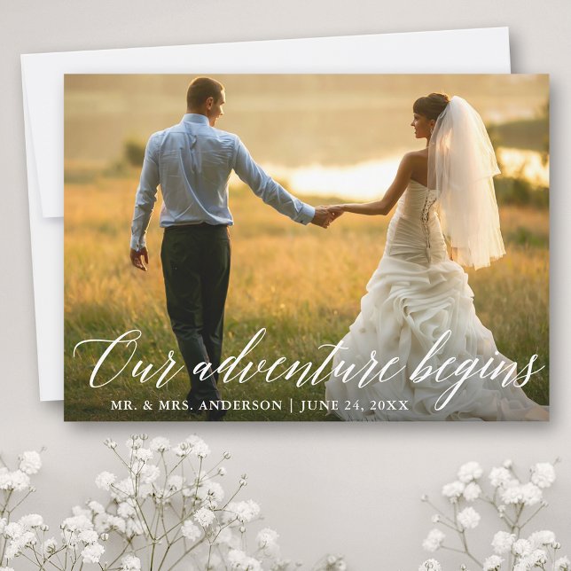Kalligrafie Unser Abenteuer beginnt Hochzeit Dankeskarte (Customize to add text or more photos to back of card.)