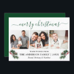 Kalligrafie Wasserfarben Pines Berries 3 Foto Grün Feiertagskarte<br><div class="desc">Moderne Kalligraphie-Skripte. Die elegante Winter Floral 3 Foto Merry Christmas Card beinhaltet wunderschöne Aquarellkiefern mit Roten Holly Berries und Band. Grün zurück.</div>