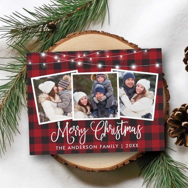 Kalligrafie Weihnachten Karierte String Lights 3 F Postkarte (Customize to change your personalized text size or text style.)