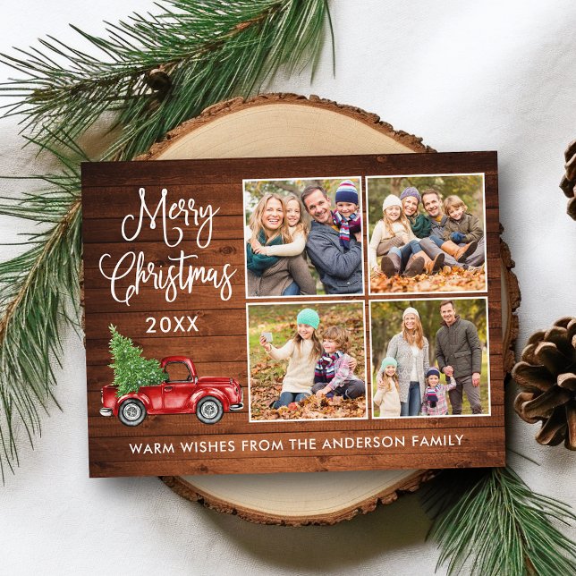 Kalligrafie Weihnachten Vintager LKW Holz 4 Foto Postkarte (Customize to change your personalized text size or text style.)