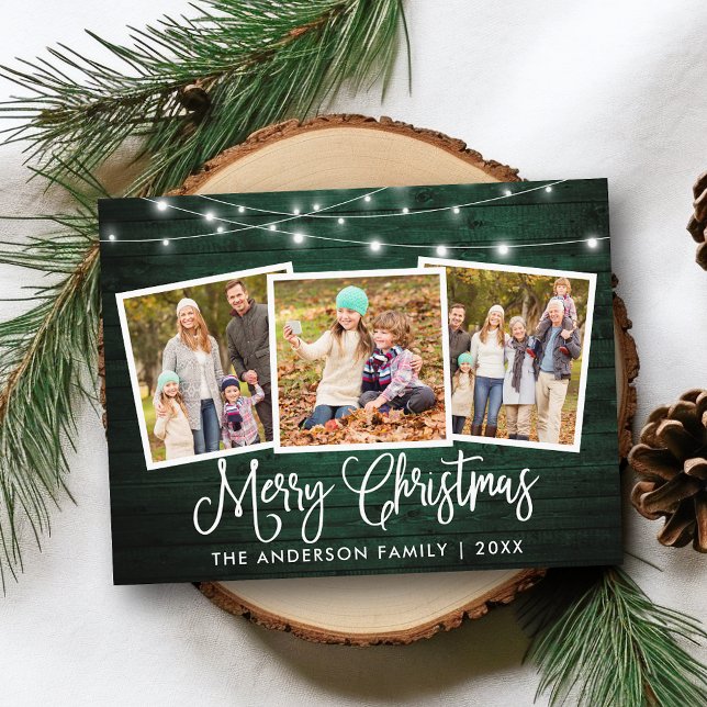 Kalligrafie Weihnachtsgrün Leuchten 3 Foto Postkarte (Customize to change your personalized text size or text style.)