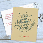 Kalligrafie Wunderbarste Weihnachtszeit Feiertagspostkarte<br><div class="desc">"Es ist die wunderbarste Zeit des Jahres" Diese handgeschriebene Typografie auf goldgelber Postkarte ist sowohl modern als auch rustikal. Senden Sie mit dieser personalisierten Weihnachtspostkarte Ihre besonderen Urlaubswünsche.</div>