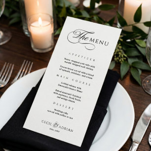 Kalligrafische Elegante Schwarz-Weiße Hochzeitsmen Menükarte