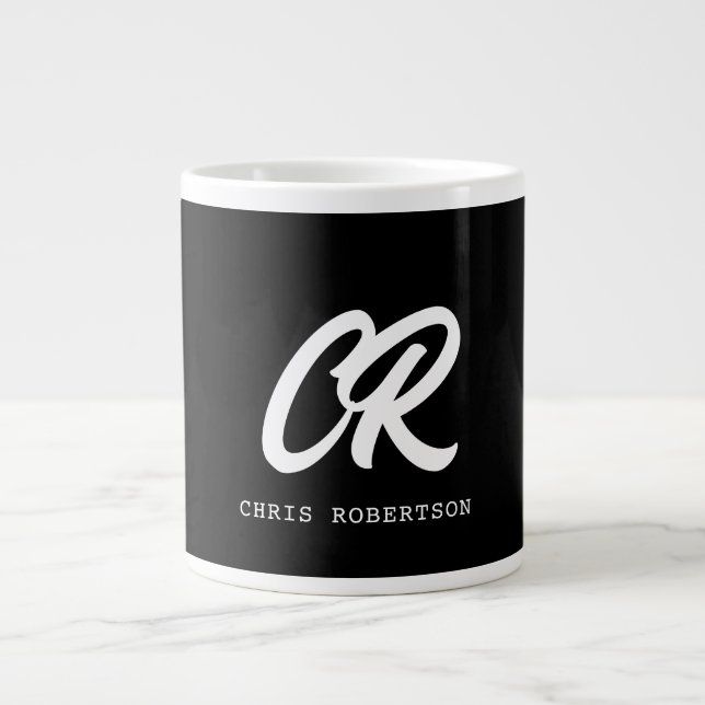 Kalligrafischer Monogrammname Schwarz-weißes benut Jumbo-Tasse (Vorderseite)