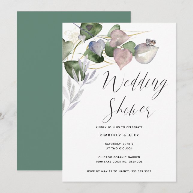 Kalligrafischer Polterabend Watercolor Eukalyptus Einladung (Vorne/Hinten)