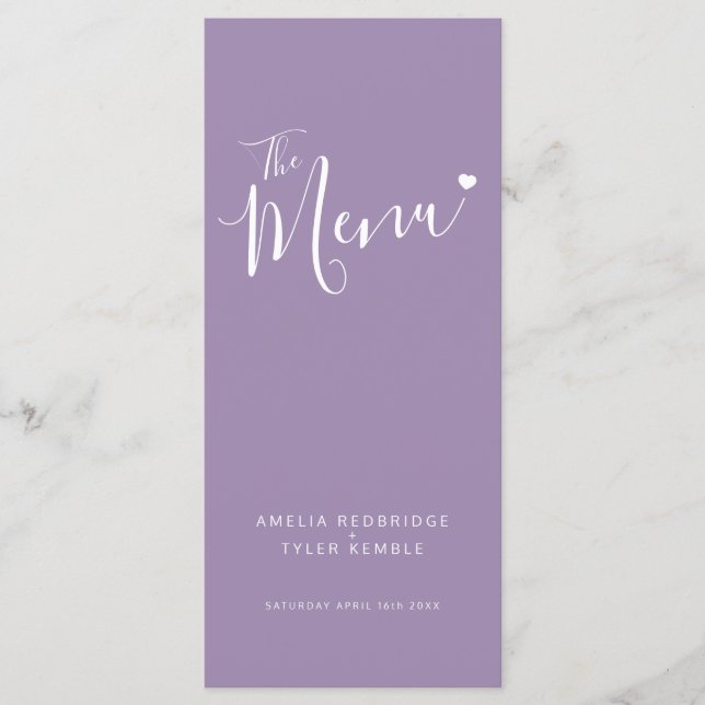 Kalligrafischer Text, weißes Herz auf lila Hochzei Menükarte (Vorderseite)