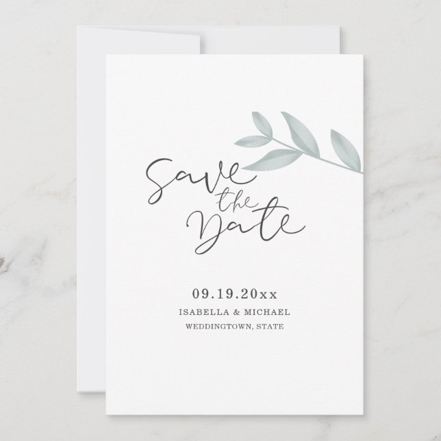 Kalligrafisches Botanisches Hochzeitsstichtum rett Save The Date (Vorderseite)