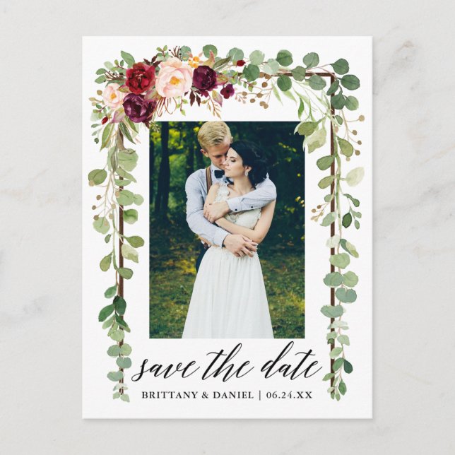 Kalligrafisches botanisches Save the Date Ankündigungspostkarte (Vorderseite)