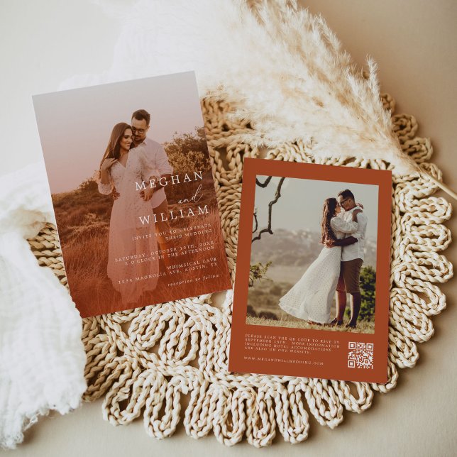 Kalligrafisches Foto Burnt Orange QR Code Hochzeit Einladung (Von Creator hochgeladen)