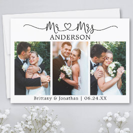 Kalligrafisches Herz 3 Fotos Mr. and Mrs. Wedding Dankeskarte