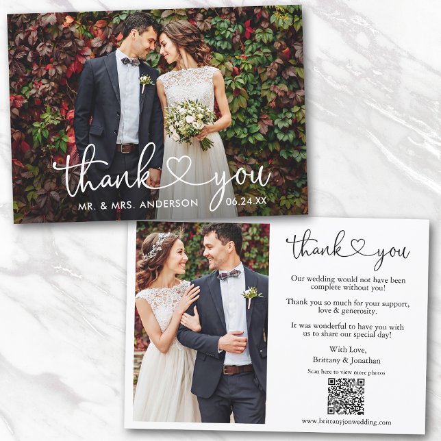 Kalligrafisches Herz Hochzeit QR Code 2 Foto Dankeskarte (Add your wedding website link to the QR Code so guests can scan & view more of your photos online.)