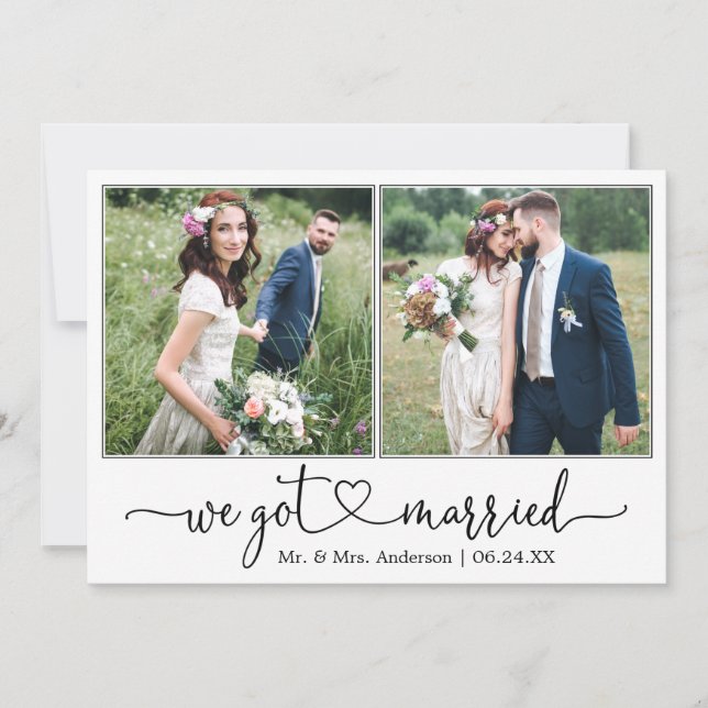 Kalligrafisches Herz Wir Got Verheiratet 2 Foto Ho Ankündigung (Vorderseite)