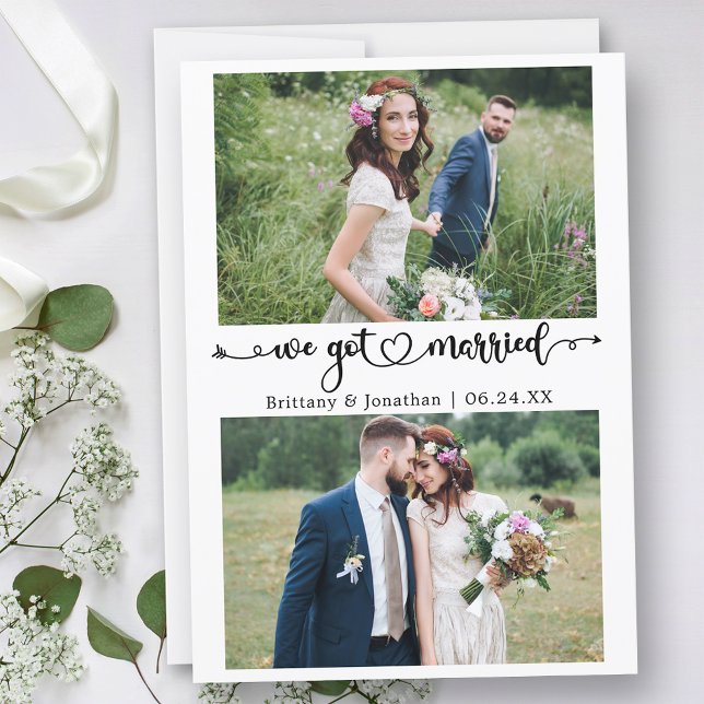 Kalligrafisches Herz Wir Got Verheiratet 2 Fotos H Ankündigung (Customize to change your personalized text size, text style or to add text to back of card.)