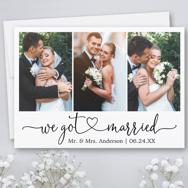 Kalligrafisches Herz Wir Got Verheiratet 3 Foto Ho Ankündigung (Customize to add text or more photos to back of card.)