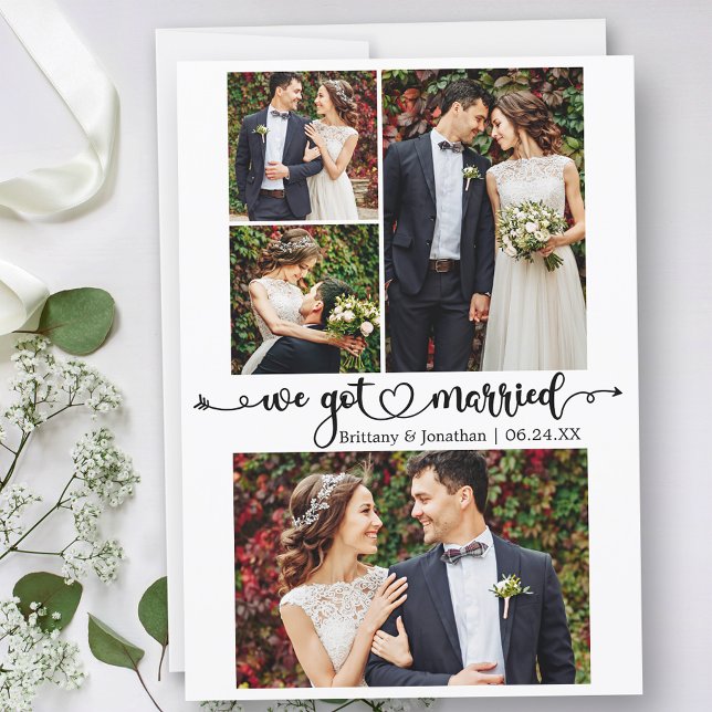 Kalligrafisches Herz Wir Got Verheiratet 4 Foto Ho Ankündigung (Customize to change your personalized text size, text style or to add text to back of card.)