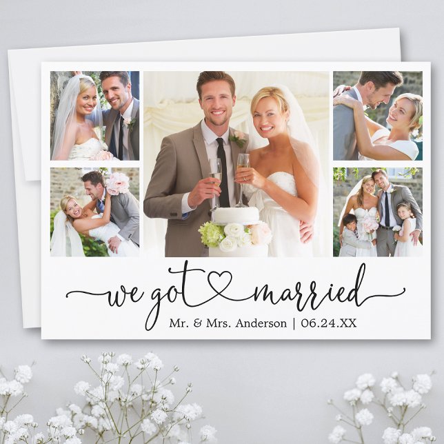 Kalligrafisches Herz Wir Got Verheiratet 5 Foto Ho Ankündigung (Customize to add text or more photos to back of card.)