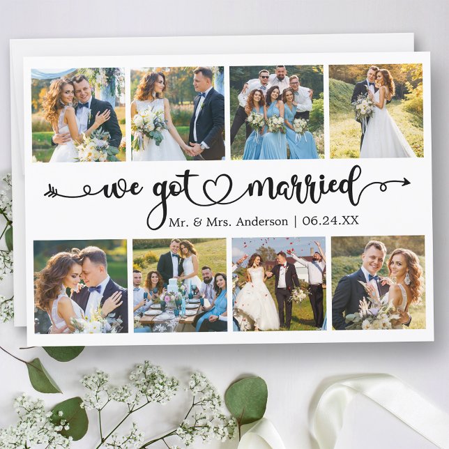 Kalligrafisches Herz Wir Got Verheiratet 8 Foto Ho Ankündigung (Customize to change your personalized text size, text style or to add text to back of card.)