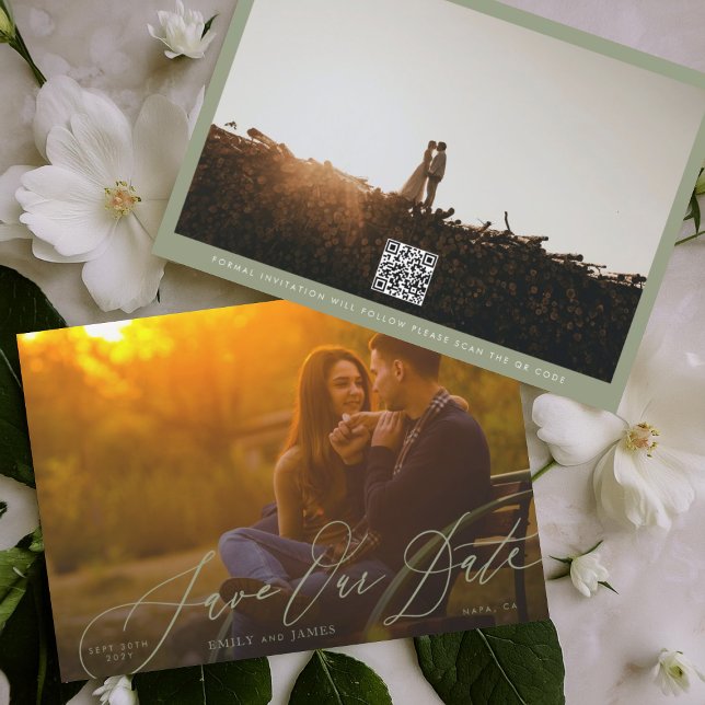 Kalligrafisches Hochzeitssage Grünes QR-Foto Save The Date (Von Creator hochgeladen)