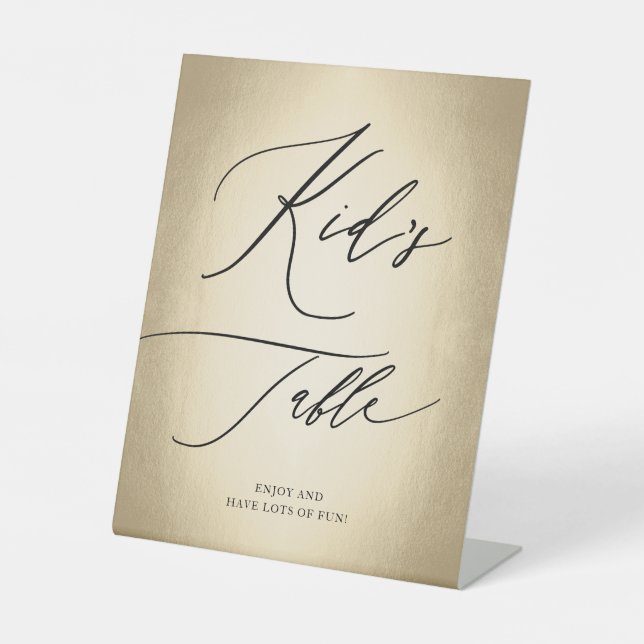 Kalligrafisches Skript Gold Kid's Table Wedding Sockelschild (Vorderseite)