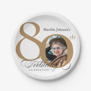 Kalligraphie 80. Geburtstag Elegantes Gold Weißes  Pappteller