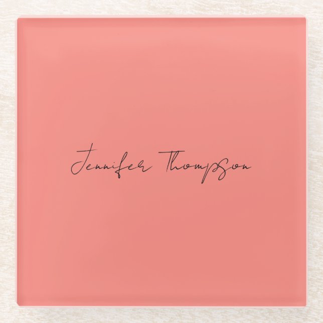 Kalligraphie Eleganto Coral Pink Schlicht Einfache Glasuntersetzer (Vorderseite)