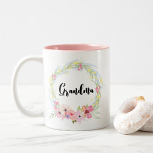 Kalligraphie-Großmutter und Aquarell-BlumenKranz Zweifarbige Tasse