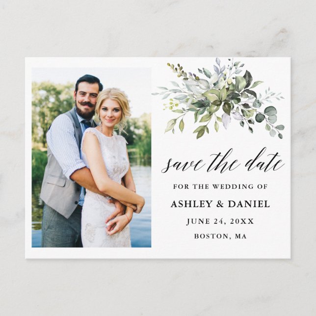 Kalligraphie Grüne Save the Date Foto Postkarte (Vorderseite)