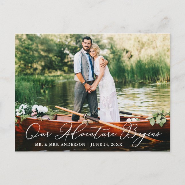 Kalligraphie Hochzeit Unser Abenteuer beginnt Postkarte (Vorderseite)