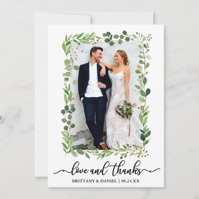 Kalligraphie Liebe und dank Watercolor Eukalyptus Dankeskarte (Vorderseite)