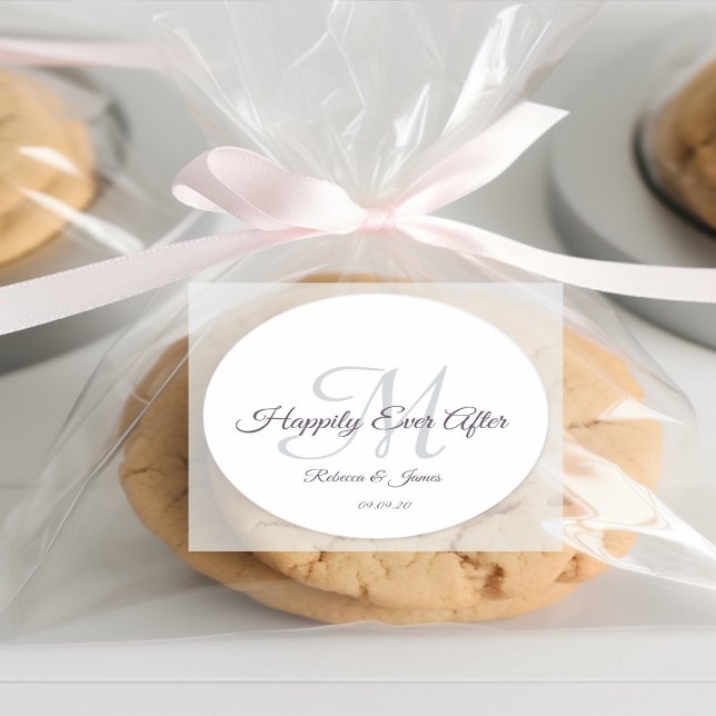 Kalligraphie Mit Monogramm glücklich je nach Hochz Runder Aufkleber (wedding monogram white sticker.)