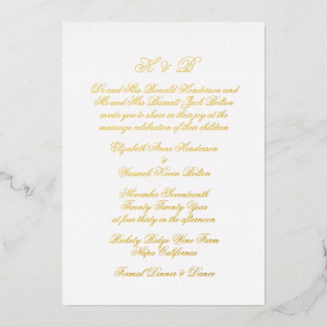 Kalligraphie Monogram Gold & White Formal Wedding Folieneinladung (Vorderseite)