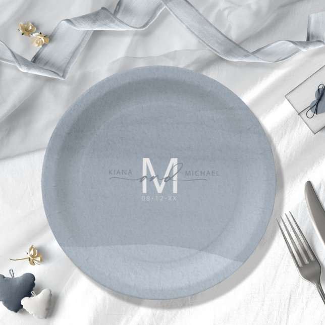 Kalligraphie Monogram Wedding Dusty Blue ID771 Pappteller (Von Creator hochgeladen)