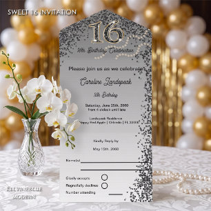 Kalligraphie Nr. Sweet 16, Schwarz & Gold Glitzer All In One Einladung