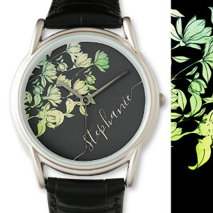Kalligraphie-Signatur Elegant Blumengrün Schwarz Armbanduhr