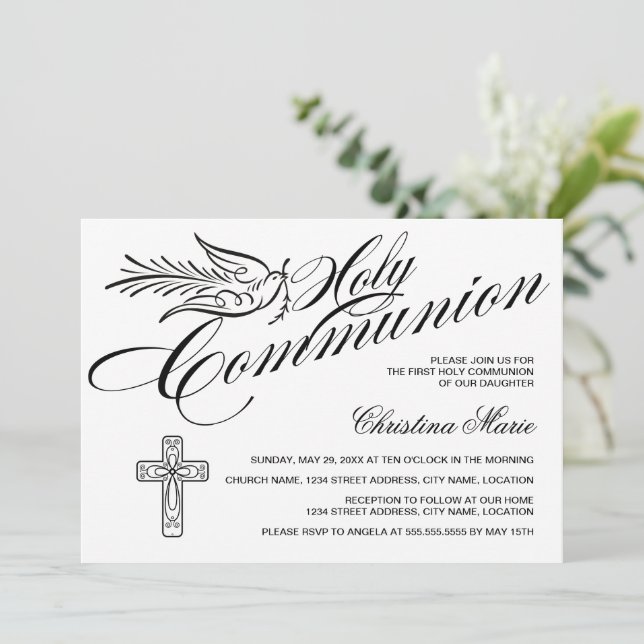 Kalligraphie-Taube und Kreuzweg-Erste Heilige Komm Einladung (Stehend Vorderseite)