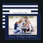 Kalligraphie-Tintenfische Meere und Grüße Gold Blu Feiertagskarte<br><div class="desc">Moderne Minimalistische Elegance Calligraphy Tinten handgeschriebene Script Seas & Greetings Foto Gold Frame Holiday Card - Navy Blue & White Strips</div>