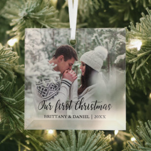 Kalligraphie Unser erstes Weihnachtskuchen-Foto Ornament Aus Glas