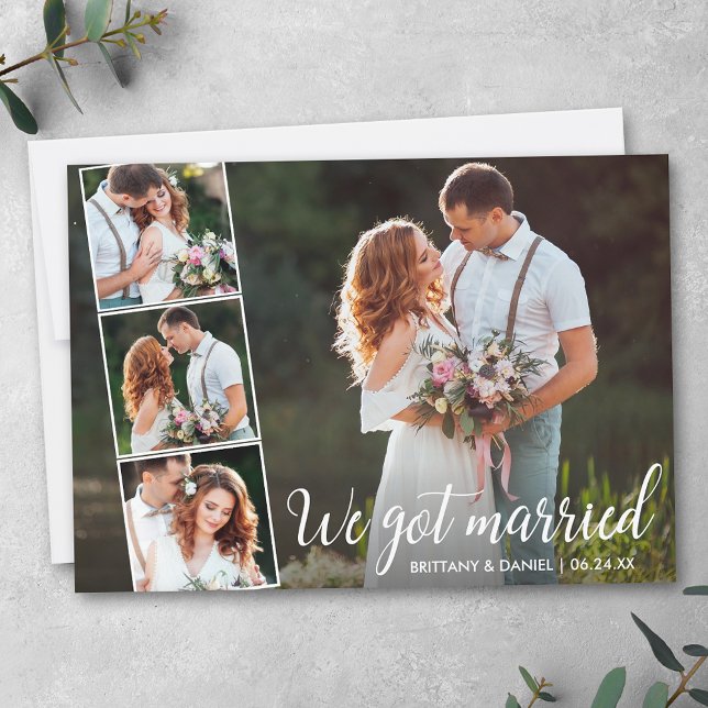 Kalligraphie Wir Got Verheiratet 4 Foto Ankündigung (Customize to add text or more photos to back of card.)