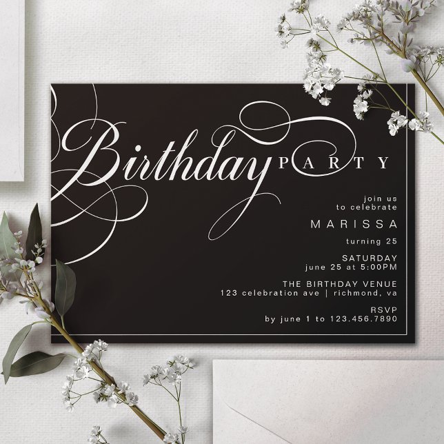 Kalligraphieschrift | Elegant Moody Black Birthday Einladung (Von Creator hochgeladen)