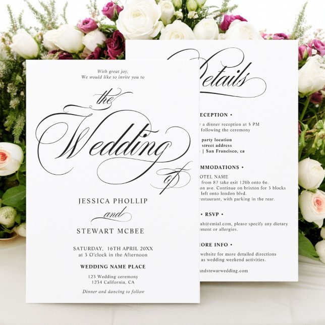 kalligraphisch Schwarz-weiß Einladung (bold black white all in one calligraphy wedding invitation)
