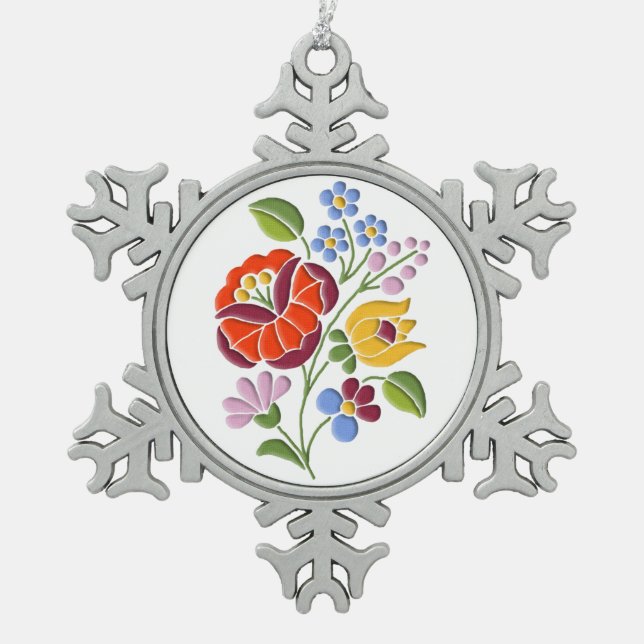 Kalocsai Stickerei - ungarische Volkskunst Schneeflocken Zinn-Ornament (Vorderseite)