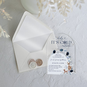 Kalt draußen Blaue Winter Blumenhirsch Baby Shower Acryleinladungen