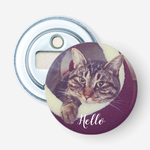 Kalte graue Tabby-Katze sagt hallo Flaschenöffner