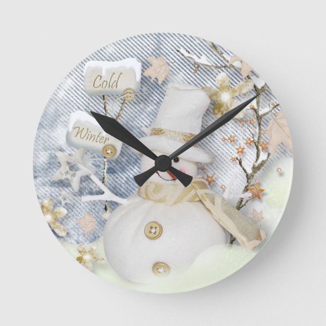 Kalter Winter-Schneemann Runde Wanduhr (Vorderseite)